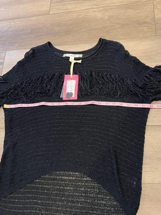 NWT Chelsea & Violet Black Fringe See-Through Knit Top Hi-Low Relaxed Fit - Picture 9 of 13